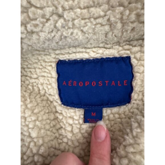 Aeropostale Denim Sherpa Jacket Upcycled Rolling Stones Hand Painted Graphic Art - Picture 12 of 13